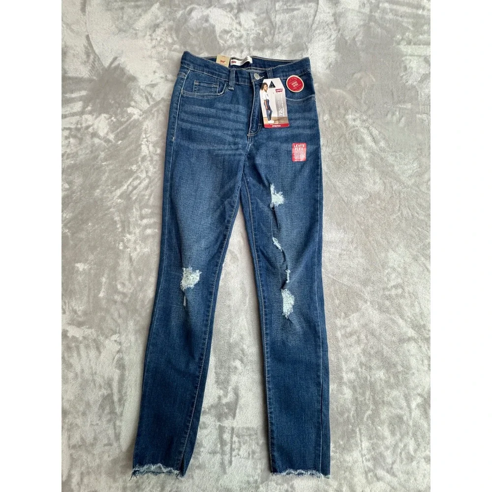 Levis‎ 720 High Rise Super Skinny Jeans Girls 14 Reg Blue Distressed Raw Hem NEW